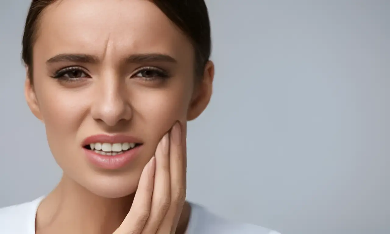 Woman with a toothache, hand on cheek.